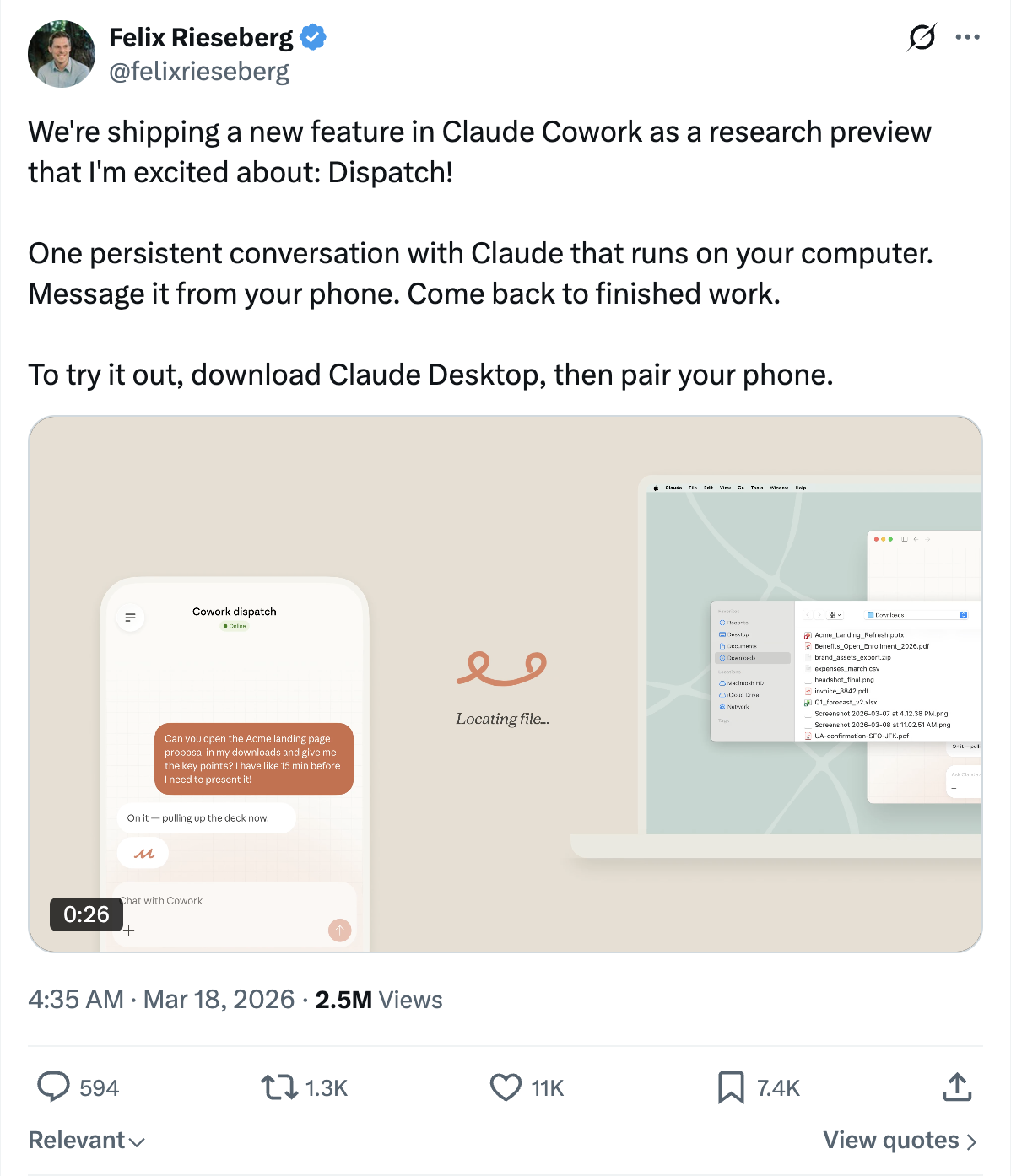 Anthropic Dispatch tweet
